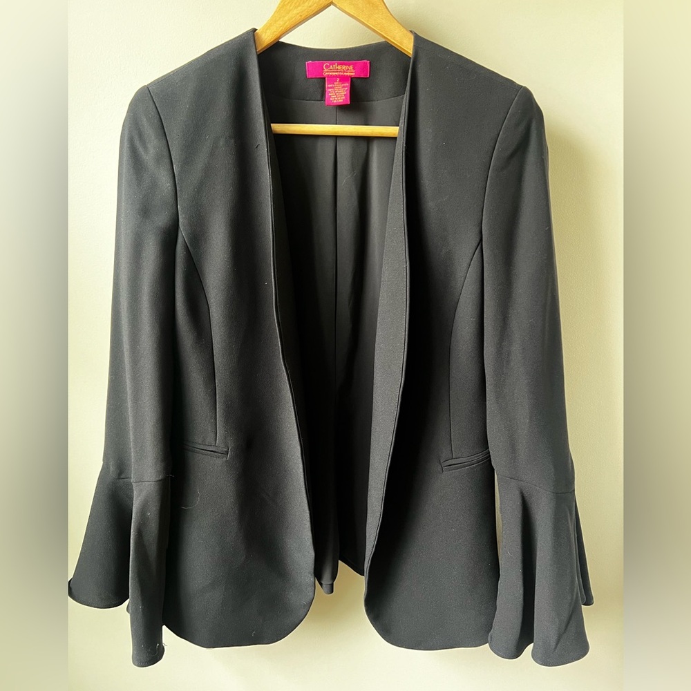 CATHERINE MALANDRINO Black Jacket Office Career Flared Bell Sleeves Open Front 2